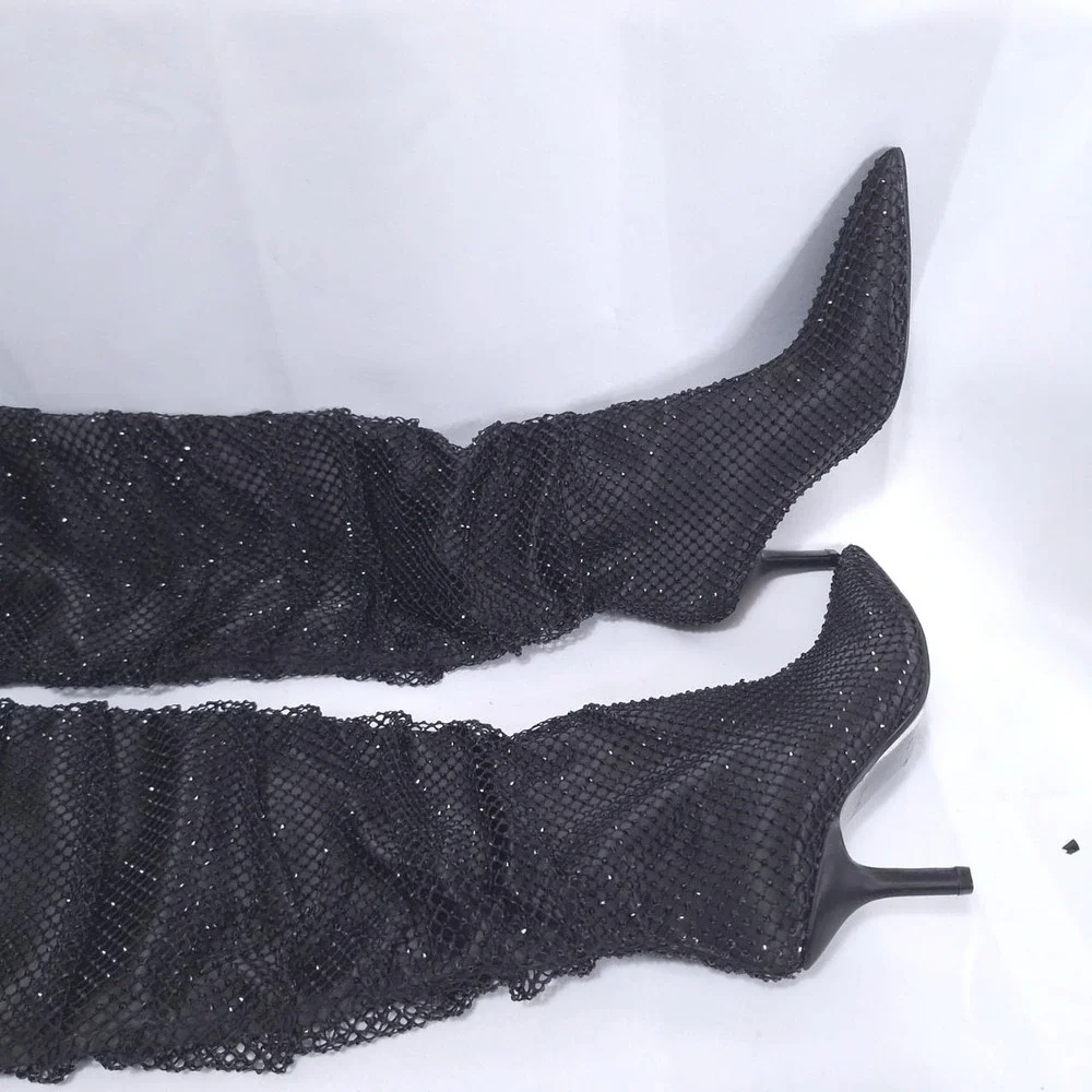 Madden Girl Sashaa Slouchy Over Knee Boot‎ Sz 6.5 Rhinestones Stilettos Fishnet